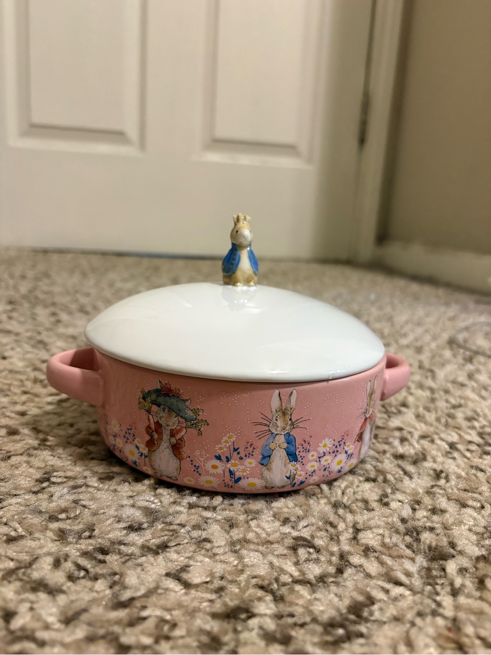 Pink Bunny Covered Casserole Dish with Figurine Knob